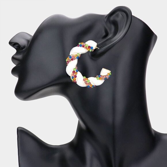 NEW Multicolor Rhinestone Embellished Braided White Hoop Earrings - Picture 9 of 9